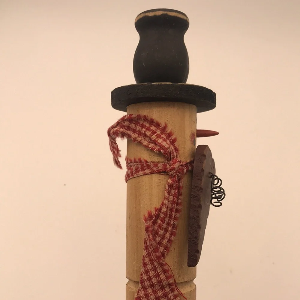 Wood Handcrafted‎ Rustic Folk Art Snowman Candle Holder w/ Heart & Plaid Scarf